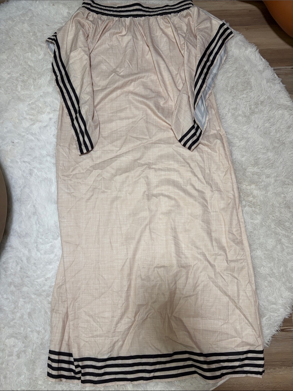 SHEIN Cream Off-Shoulder Midi Dress with Black Stripe Trim